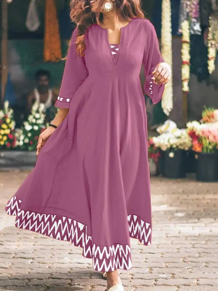 

ZANZEA Women's Maxi Long Dresses 2022 Autumn Patchwork Printed Floral Sleeve A-line Vestidos Dress Casual Solid Holiday Robe 7
