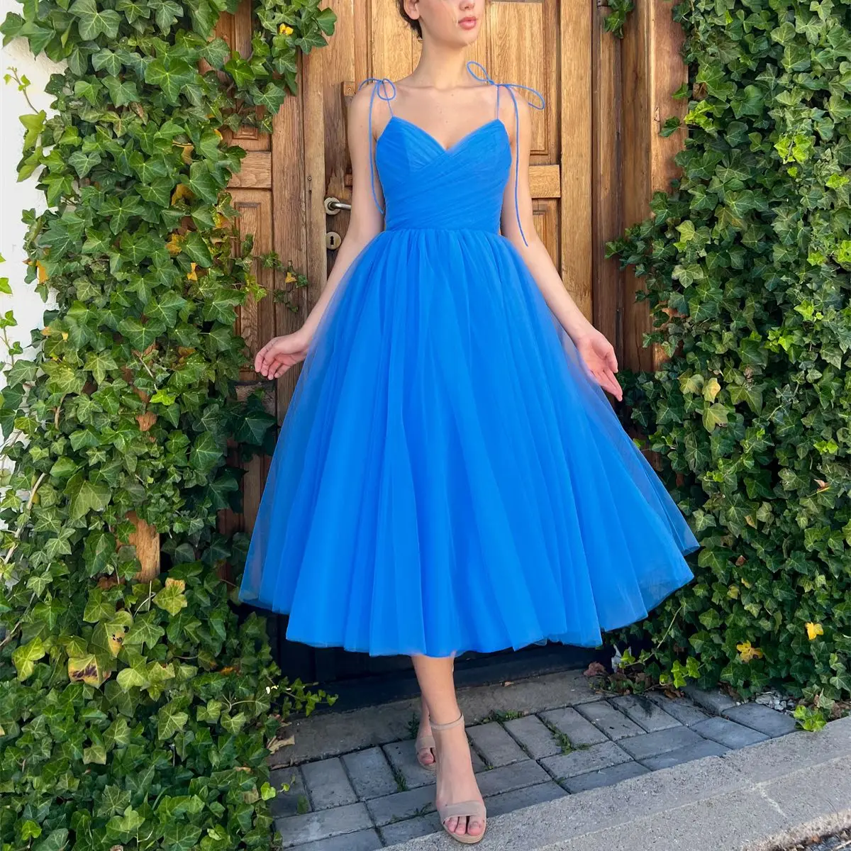 

Bespoke Evening Dress Blue Puffy Skirt Thin Strap Pleats Tulle Floor Length Vestidos De Fiesta Elegantes Para Mujer 2023 New