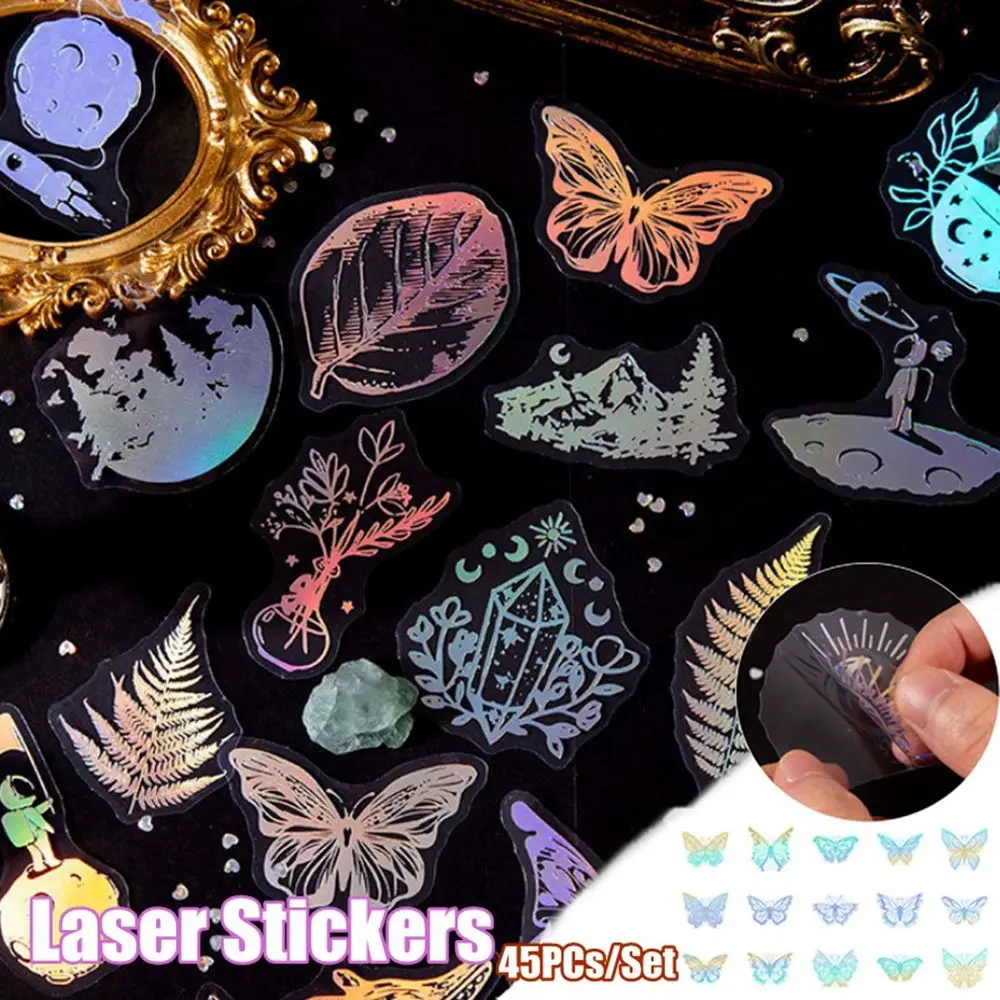 45 Pcs/Set Planet Plant Flower Laser Stickers Fantasy Flash PET Stickers Various Special Shapes for DIY Arts Journal Gift