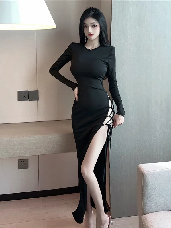 Весна 2023 женское пикантное острое платье с открытой спиной со скошенным разрезом