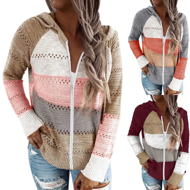 

2022 autumn and winter sweater new women's striped color matching hooded zipper sweater women's sweater