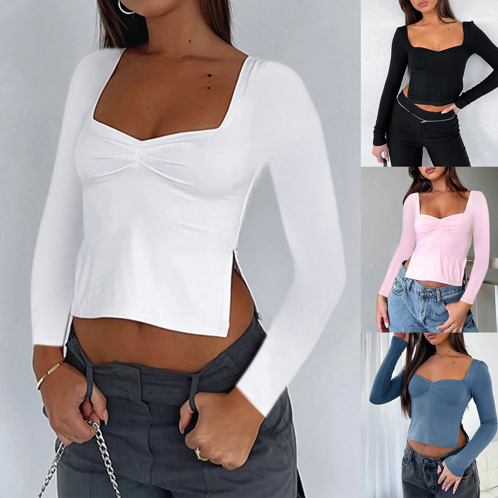 

Women Long Sleeve Top Solid Color Square Neck Bodycon Top Slim Fit Tunic Shirt Top Y2K Style Casual Side Slit Streetwear Suit