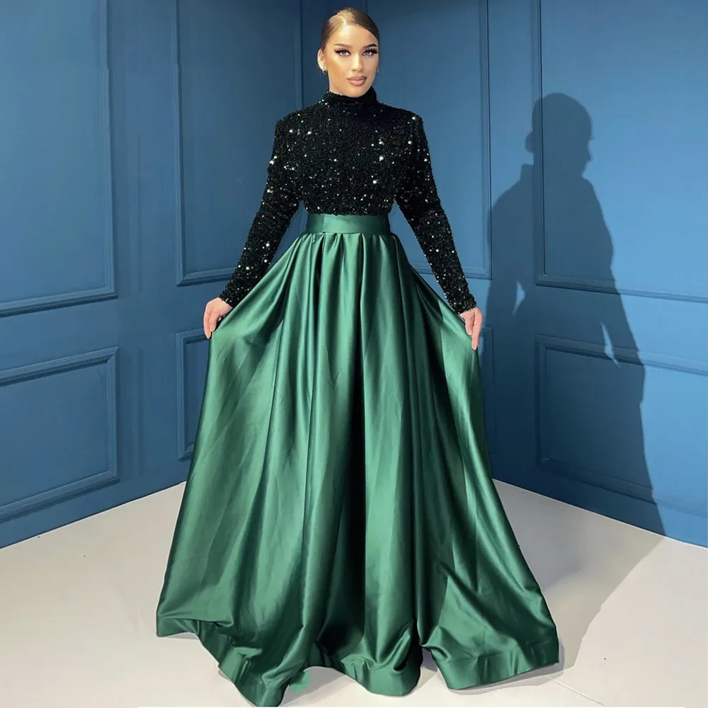 

Sequined High Neck Long Sleeves Dubai Evening Gown Custom Made A-line Formal Party Dress Vintage Sweep Train Green Prom Dresses