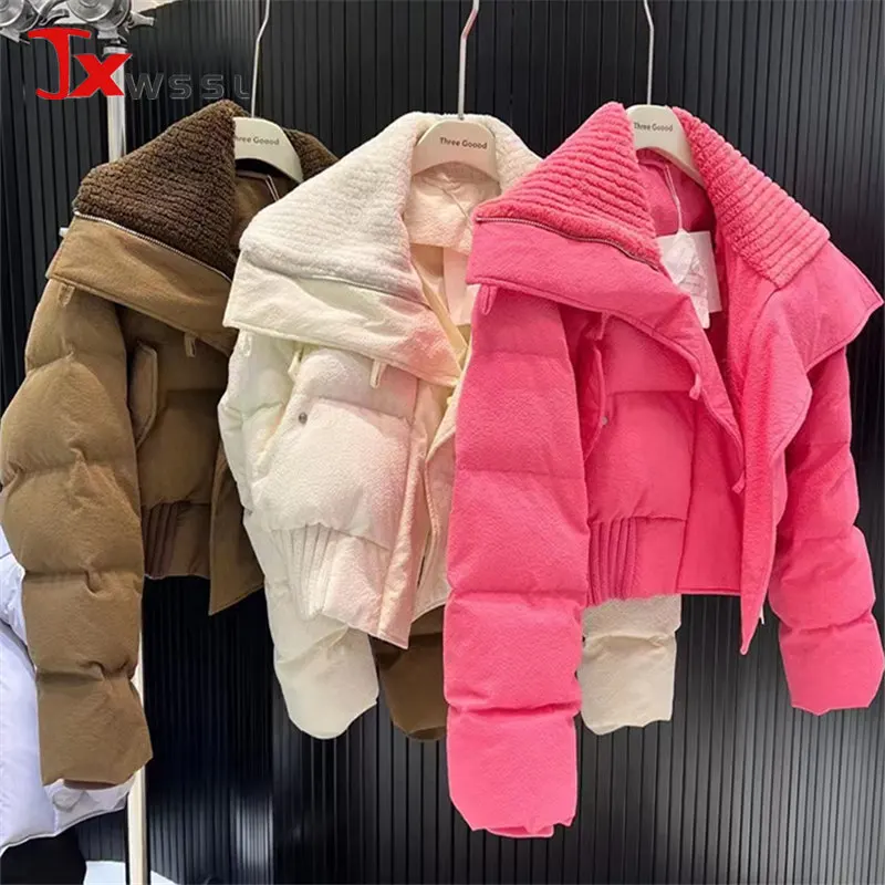 High Waist Solid Color Short Down Jacket Women 2023 New Large Lapel Lambswool Jacket Winter Lightweight Soft Down Coat