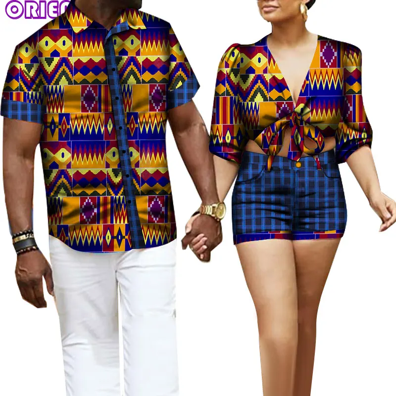 3 Pcs Set African Clothes for Couple Men Short Sleeve Shirt Women Lace Up Bandage Tie Front Shirt Crop Tops Lover Clothes WYQ586