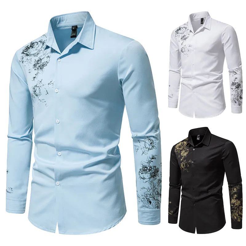 Trendy New European and American Fashion Floral Shirts Bronzing Printing Men's Long-sleeved Casual Fashion Shirts 2022 New