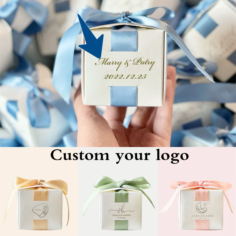 

White Paperboard Gift Box With Ribbon Packaging Wedding Favor Decoration Chocolate Box Support Custom Logo Emboss