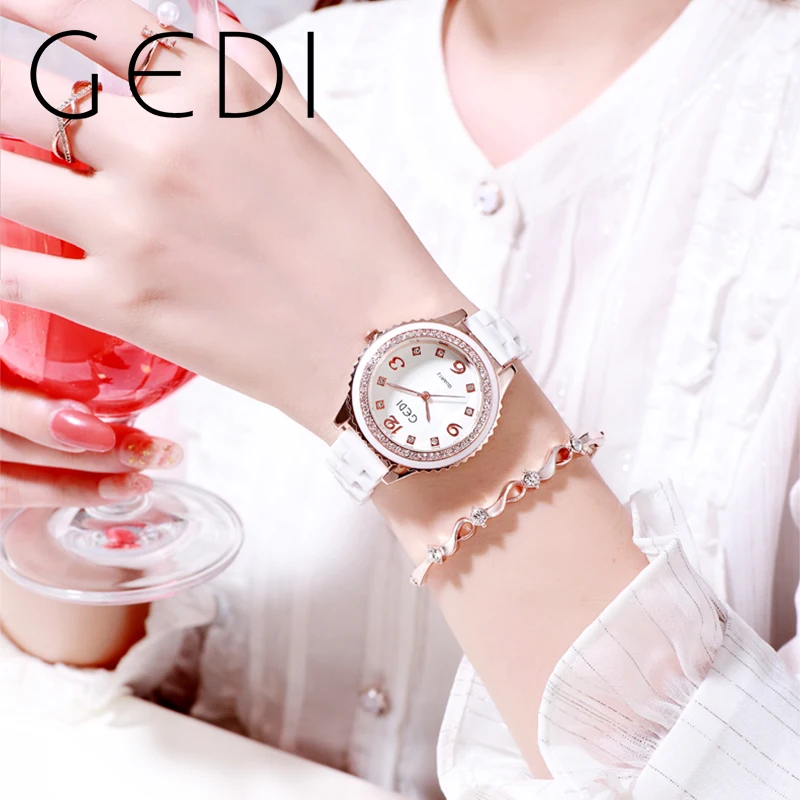GEDI Luxury White Ceramic Women Watch Full Diamond Woman Fashion Watch 30m Waterproof Quartz Female Wristwatch Dropshipping 2023