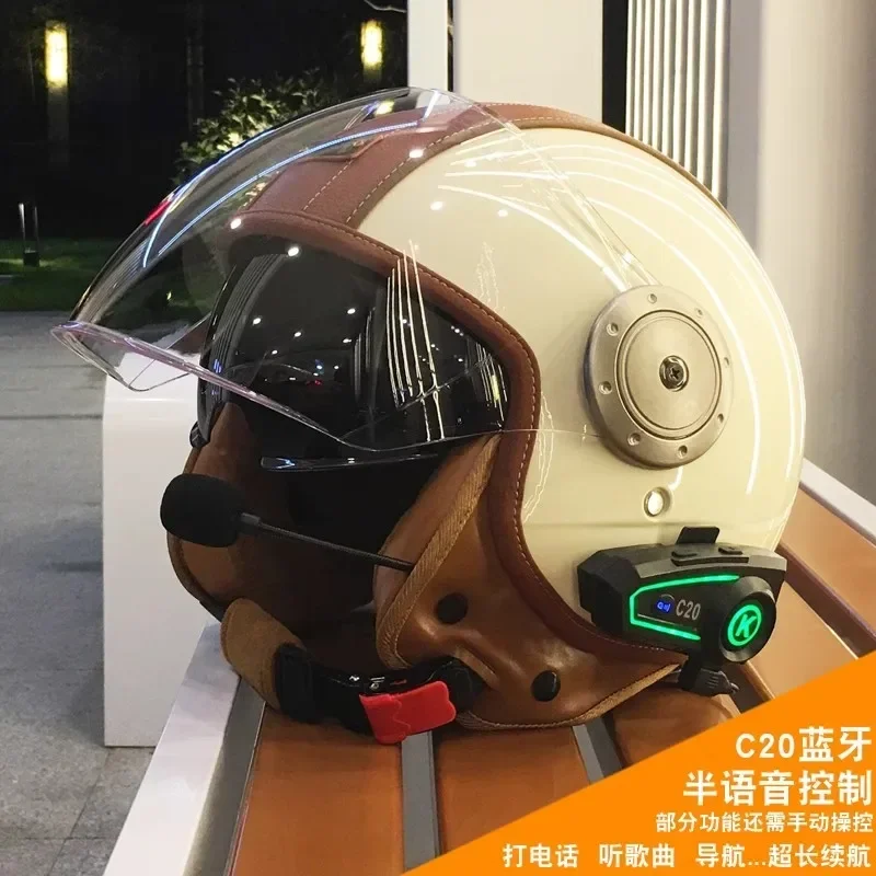 

Электрический мотоциклетный шлем с двумя линзами, умный Bluetooth-шлем, винтажный зимний теплый защитный шлем для ушей, полушлем три четверти