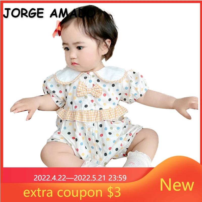

Korean Style New Summer Clothing for Newborns Girl Romper Colour Dot Peter Pan Collar Bow Cotton Jumpsuit Baby Clothes E2269
