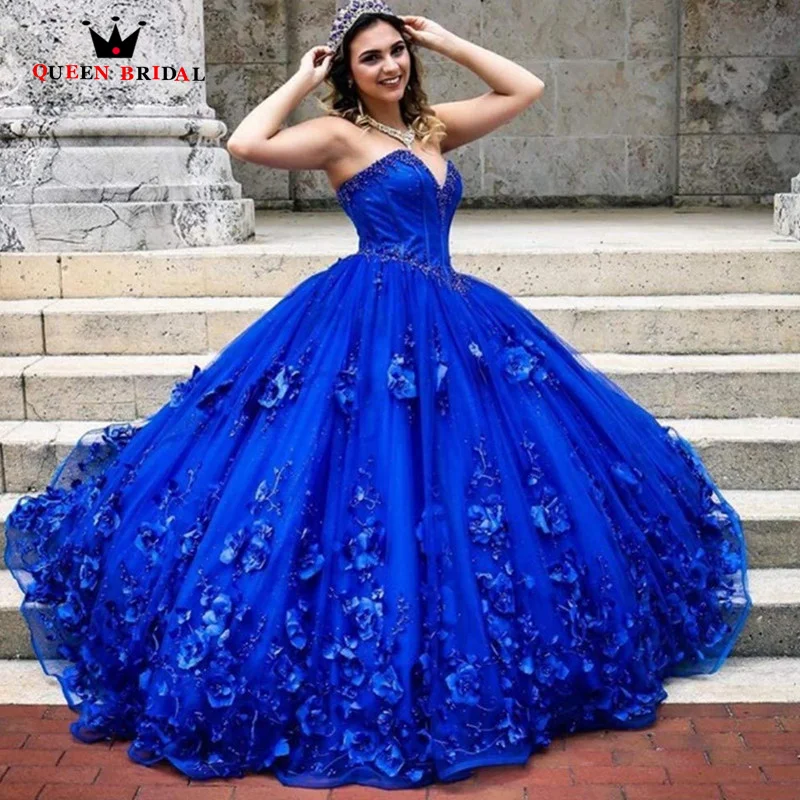 Royal Blue Quinceanera Dresses Cinderella With Wraps Floral 3D Flowers Applique Ball Gown Pearls Lace Up Sweet 16 15 Dress ED28