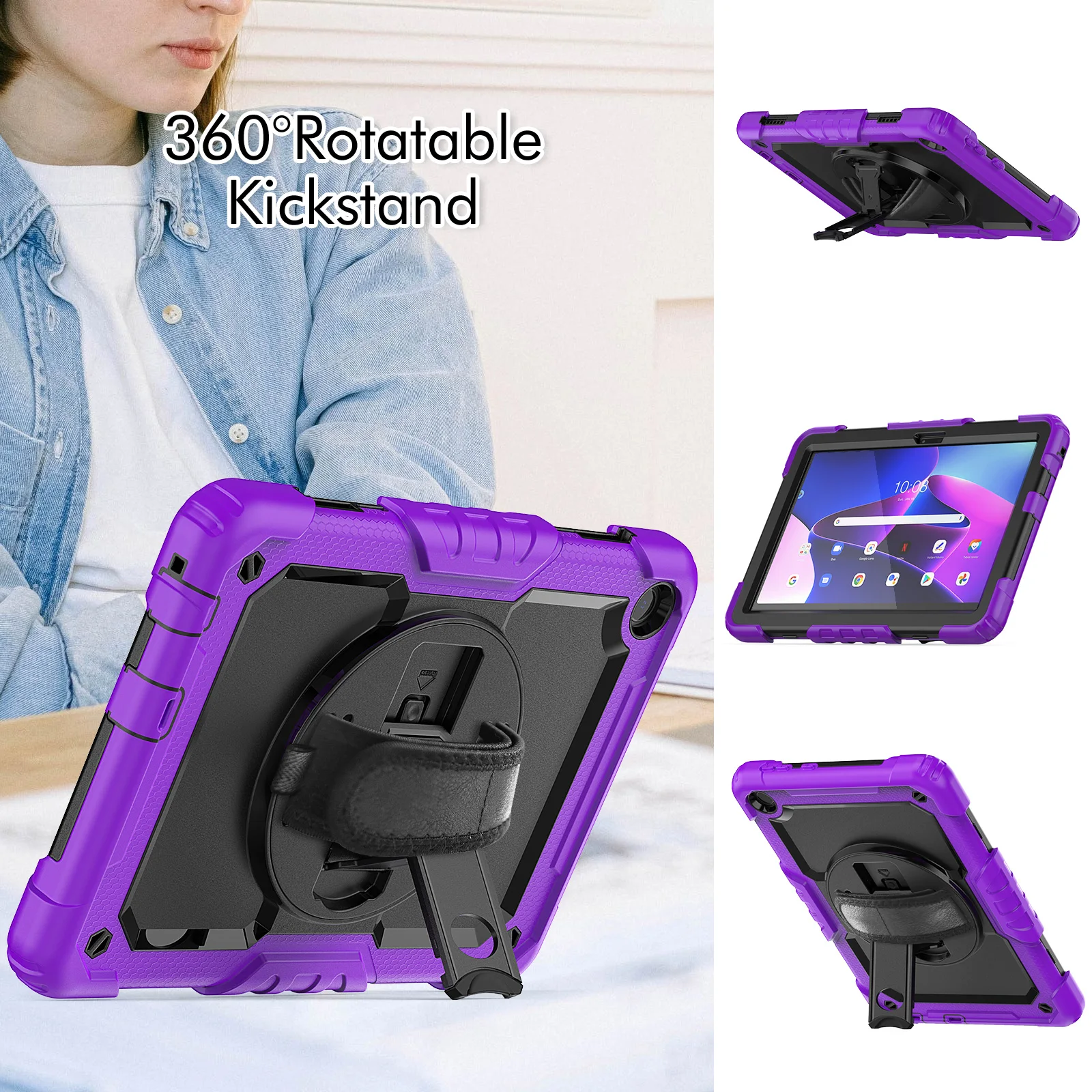 Фото Прочный чехол с защитной пленкой для Lenovo Tab M10 Gen3 (3-го поколения) 2022 10,1 дюйма TB328FU TB328XU, вращающаяся подставка, усиленный чехол №1