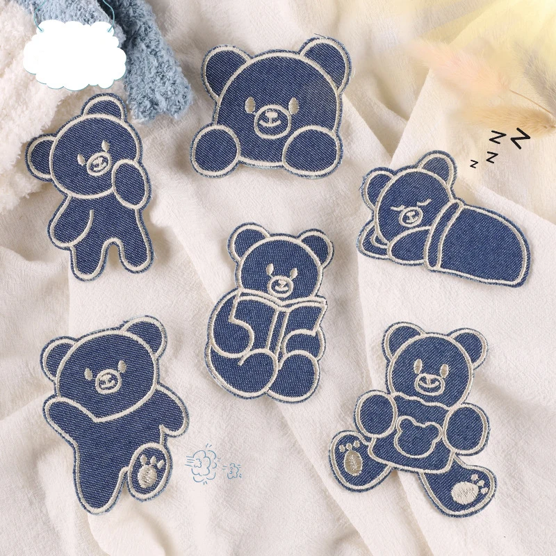 

5pcs Cartoon Blue Denim Jacket Bear Apparel Embroidered Patches Kawaii Animal Jeans Self Adhesive Repair Sticker Clothing Badge