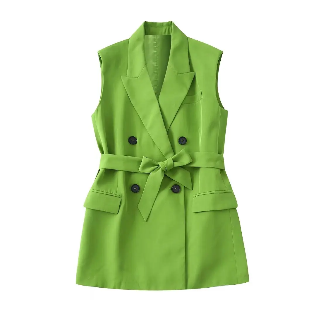 

2022 Women Fashion Front Buttons Tweed Cropped The Belt Waist coat And High Waist Ruffled Hem Female Mujer