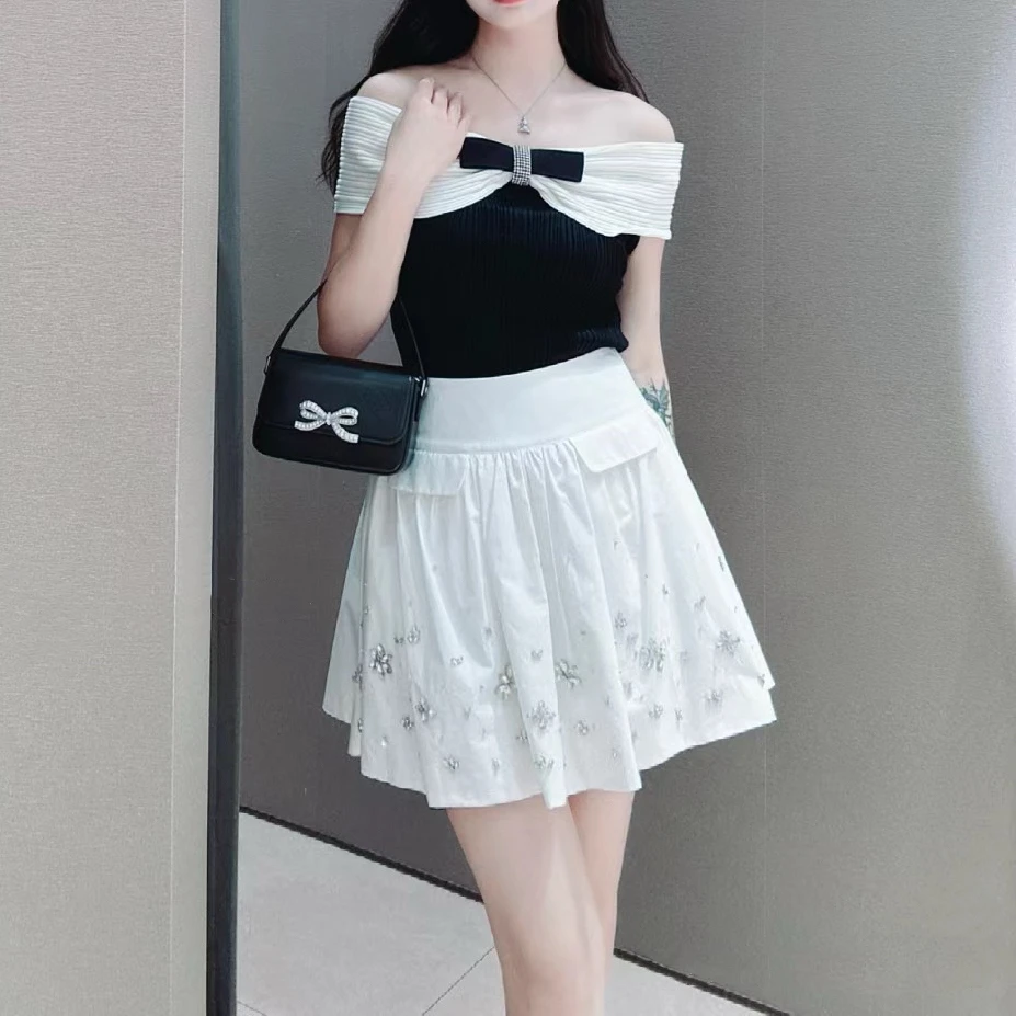 Белый свитер топ с бантом женская черно-белая Соблазнительная Милая вязаная