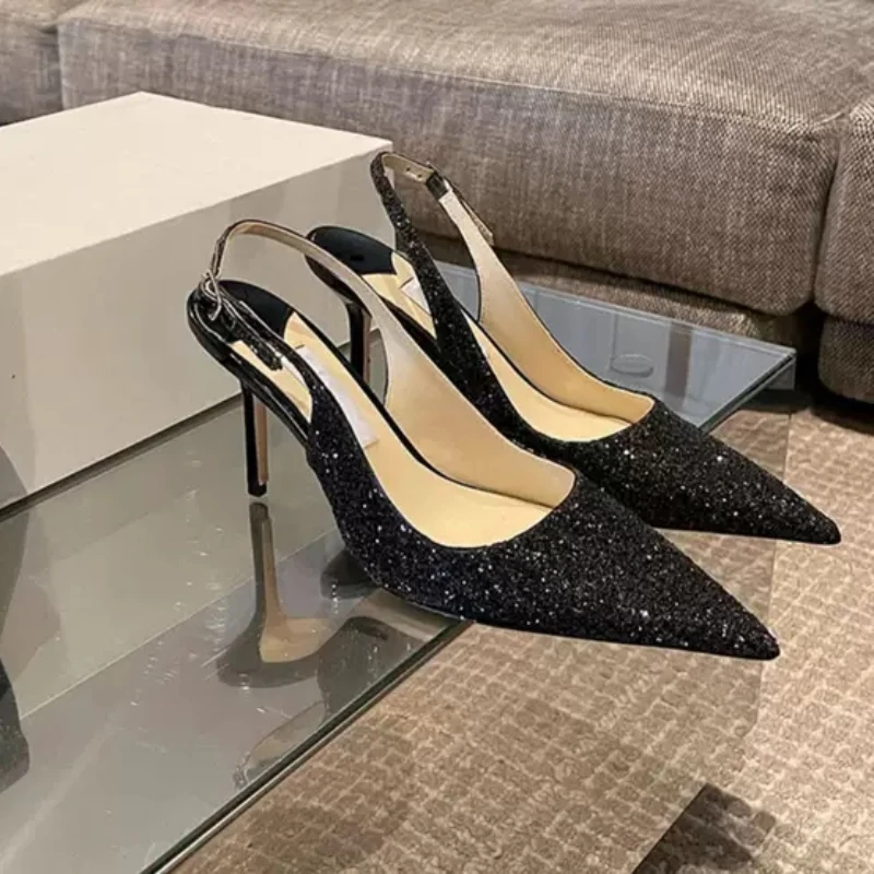 Women's High Heel Sandals 2023 Spring/Summer New Fashion Banquet Sequins Pointed Thin Heel Shallow Mouth Single Shoe
