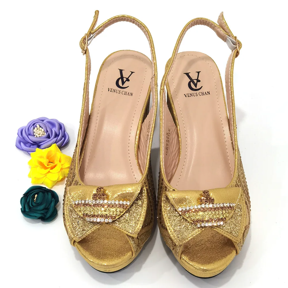Venus Chan 2022 Wedding Shoes for Women Italian Design Rhinestone Heels Gold Color Party Sexy Ladies Shoes and Bags Set