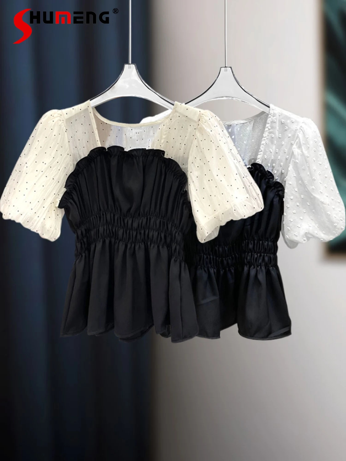 

Polka Dot Square Collar Shirt Short Puff Sleeve Blouse Waist Wrapped Chest Stitching Fake Two-Piece Top for Women Summer