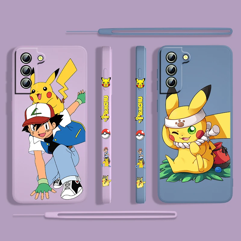 

Cartoon Pikachu Anime Cute For Samsung Galaxy S22 S21 S20 S10 Note 20 10 Ultra Plus Pro FE Lite Liquid Left Rope Phone Case Capa