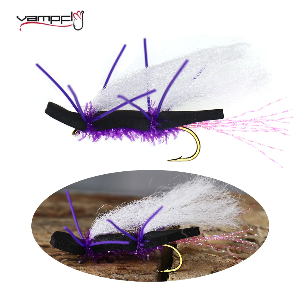 

Vampfly 4pcs Chubby Chernobyl Fly Black Foam Body Purple Ice Chenille Belly Rubber Legs Dry Fly Fly Fishing Trout Fishing Lures