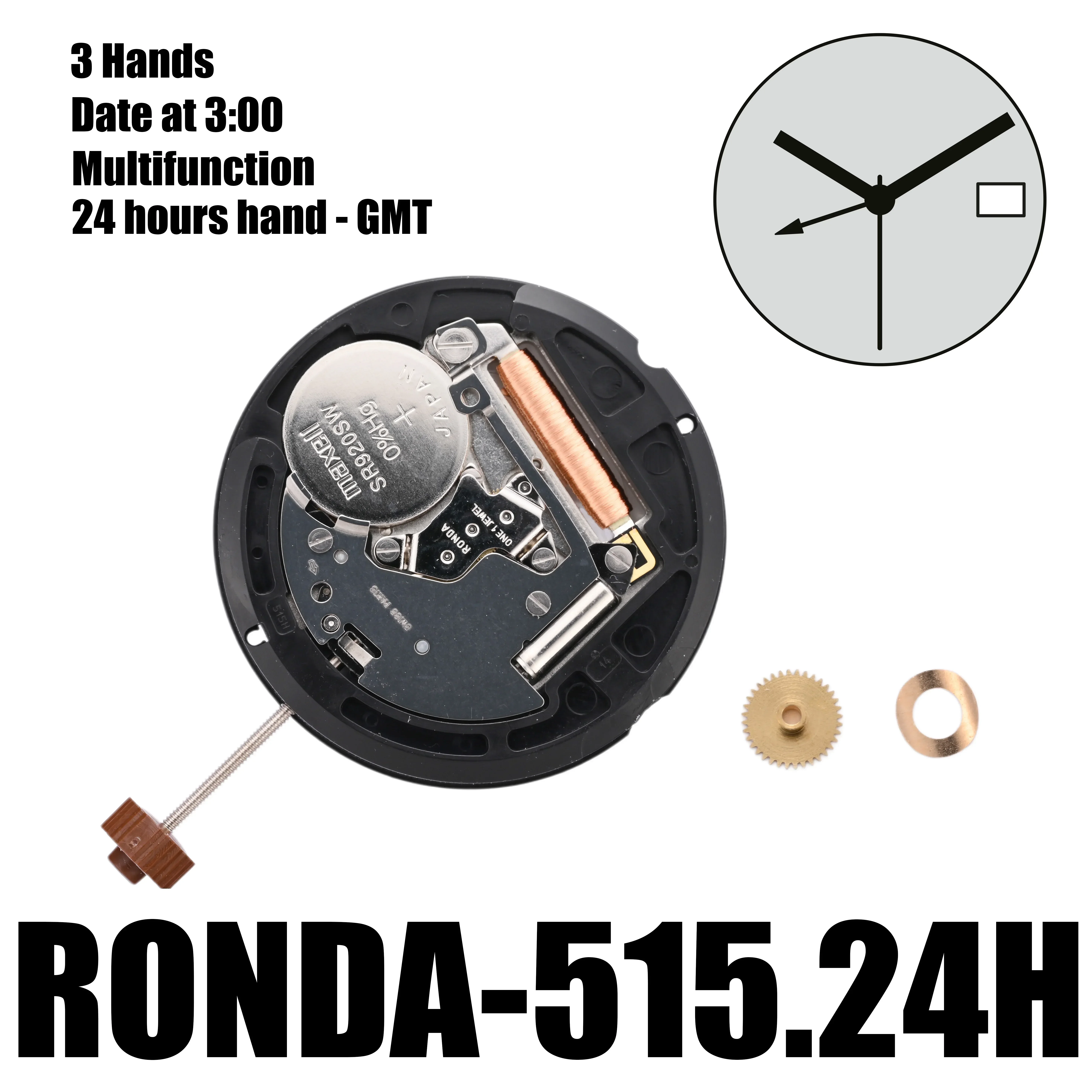 Кварцевые часы Ronda 515 24 H GMT часовой механизм 515H One Jewel функциональный Datewheel сменный