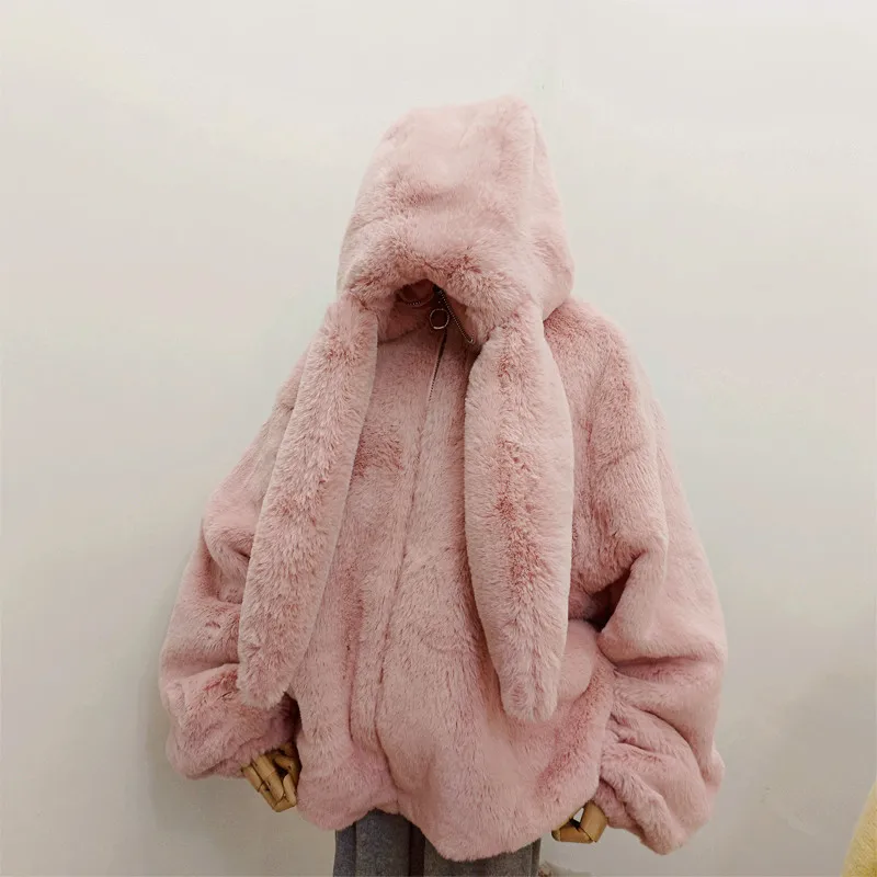 Sweet Loose Faux Fur Jacket for Women 2022 Winter New Woman Cute Rabbit Ear Soft Fur Thickened Long Sleeve Hooded Plush Coat