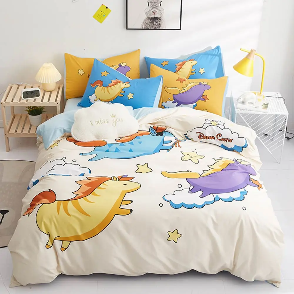 

Unicorns Stars Horses Cartoon Duvet Cover Set Flat Fitted Sheet Cotton Bedlinens Hypoallergenic Twin Queen Size Bedding Set