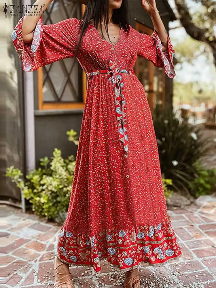 

ZANZEA Floral Printed Dress Women Summer Flare Sleeve V-Neck Maxi Dresses Bohemian Femme Fashion Casual Loose Elegant Robe 2022