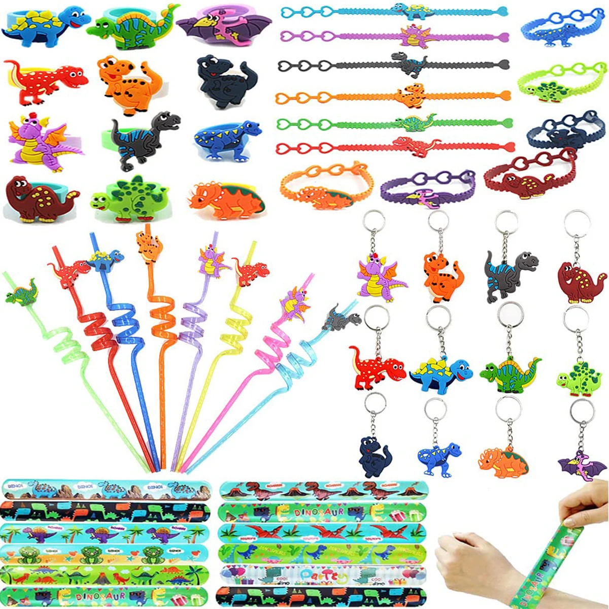 

60 Pcs Dinosaur Party Favors Rings Bracelets Kit Plastic Dinosaur Party Favors Set Keychains Clap Circle Reusable Dinosaur