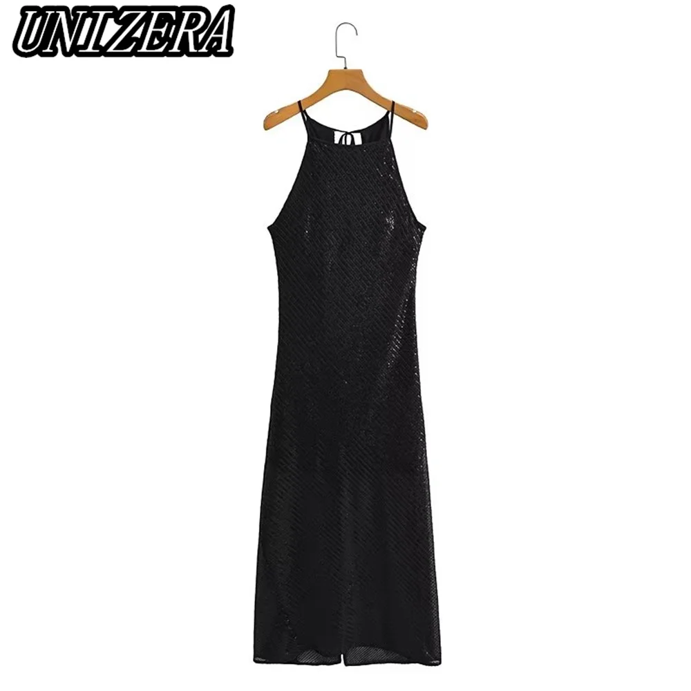 

Весенняя Новинка, женская одежда UNIZERA, черное элегантное соблазнительное приталенное платье миди без бретелек с блестками, украшенное блес...