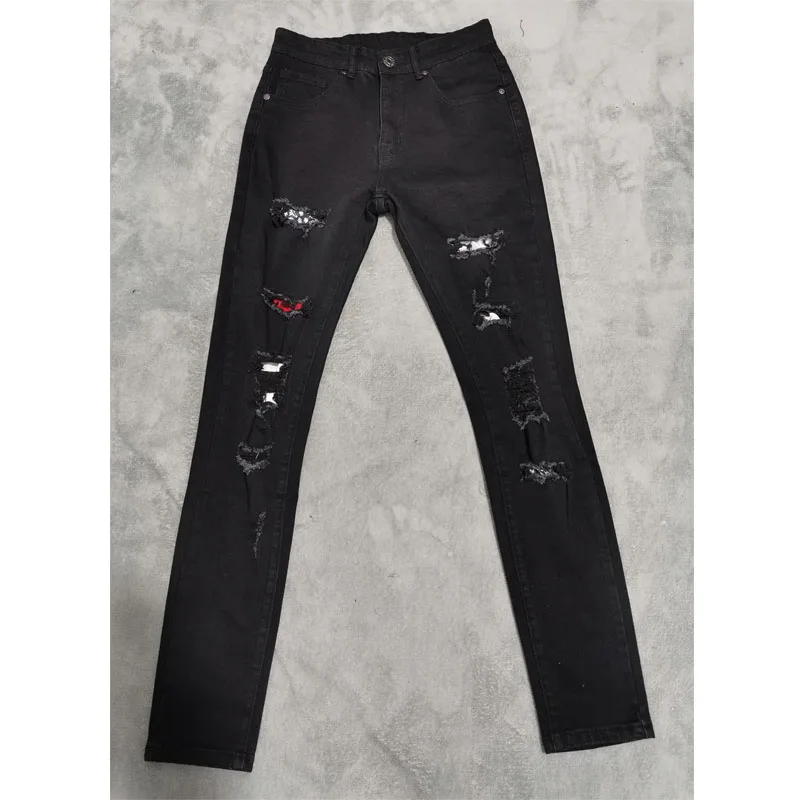 22ss Men JeansY2k Streetwear High Street Slim Fit Fashion Patch Ripped Black Clothing