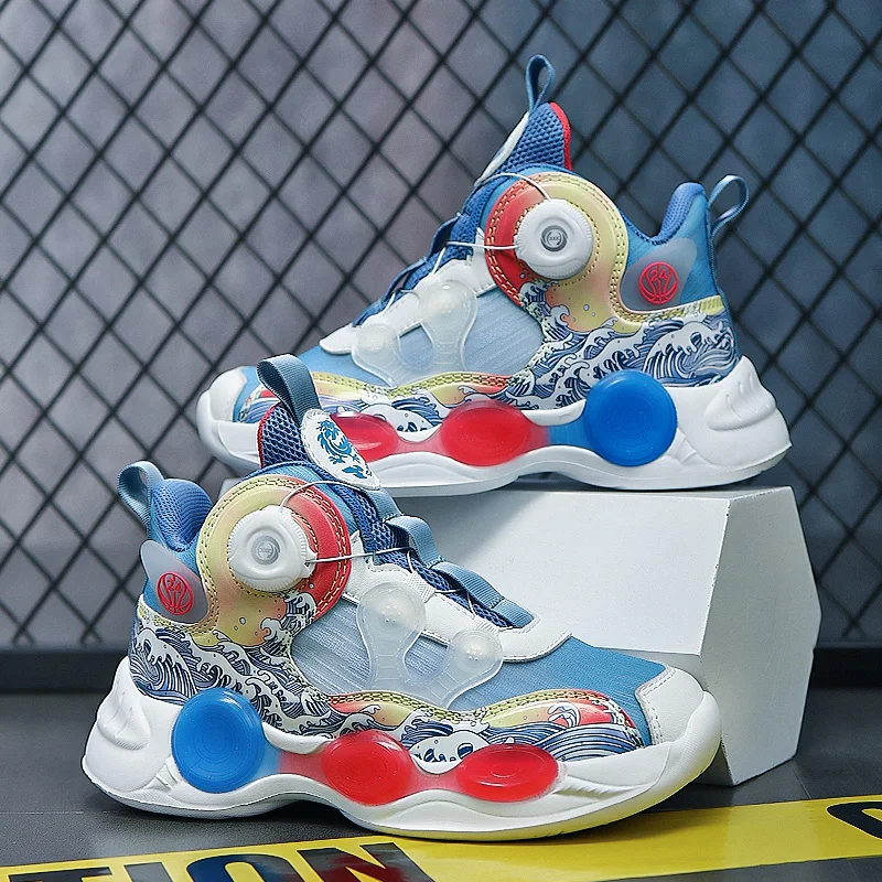Rotated Button Children Sneakers Boys Basketball Shoes High-Top Breathable Kids Sneakers Boys Outdoor Casual Tennis Shoes
