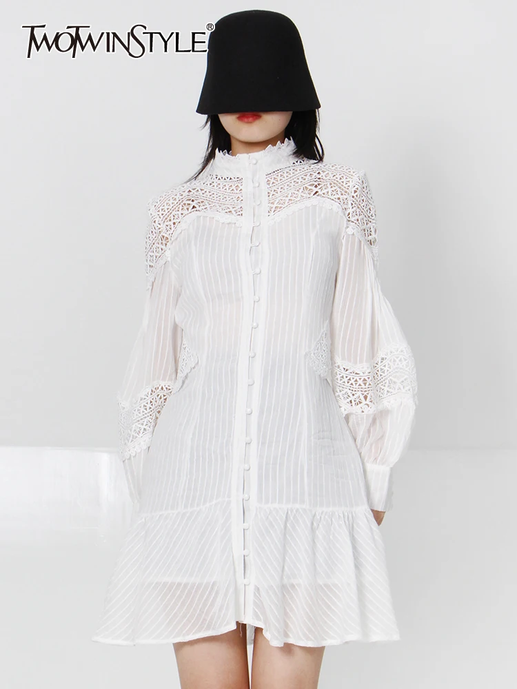 

TWOTWINSTYLE Vintage Cut Out Ruffles Dress For Women Stand Collar Long Lantern Sleeve High Waist Mini Dresses Female 2022 Style