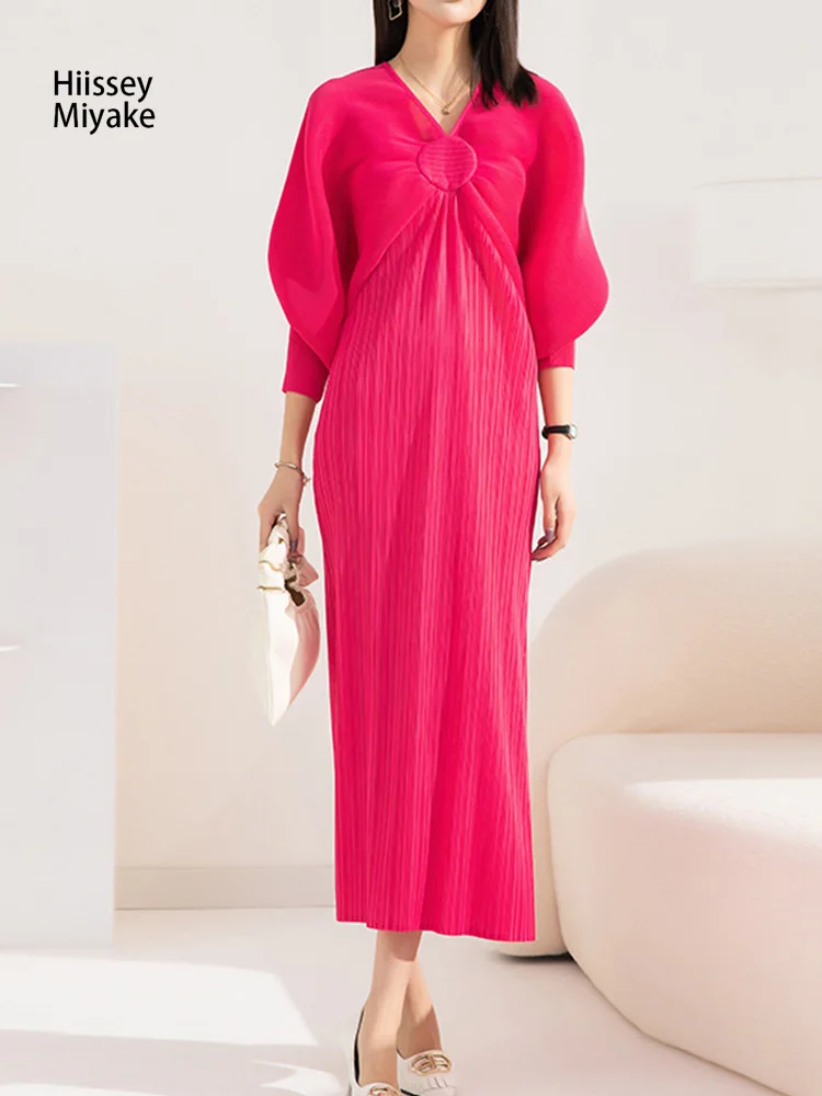 

Женское шифоновое платье HiIssey Miyake, повседневное свободное плиссированное платье с рукавами «летучая мышь» и V-образным вырезом для ранней в...