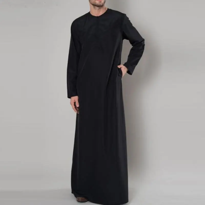 Muslim Arab Dubai Malaysia Men Loose Robe With Side Pocket Cotton Round Neck Zipper Islamic Shirt Jubba Thobe Plus Size S-5XL