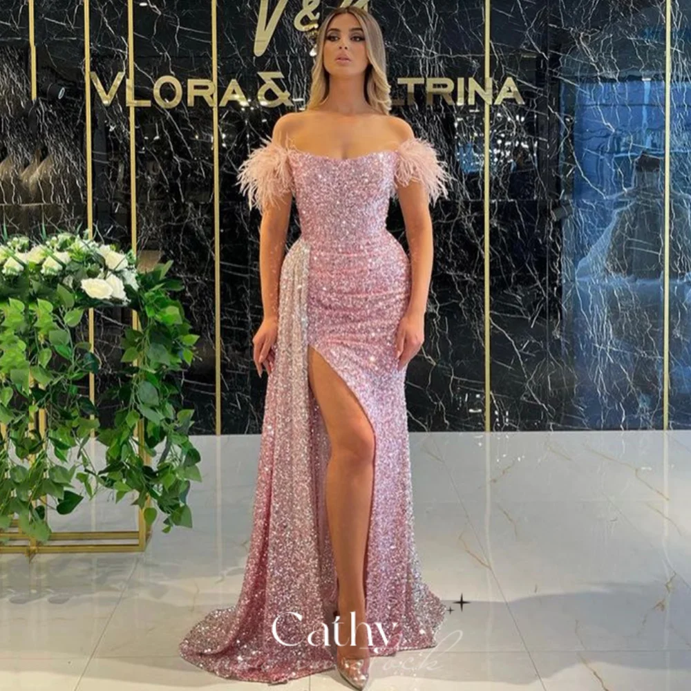 

Cathy Glitter Sequins Prom Dress Princess Mermaid Evening Dress Beading Trumpet فستان سهرة Baby Pink Fishtail Party Dresses