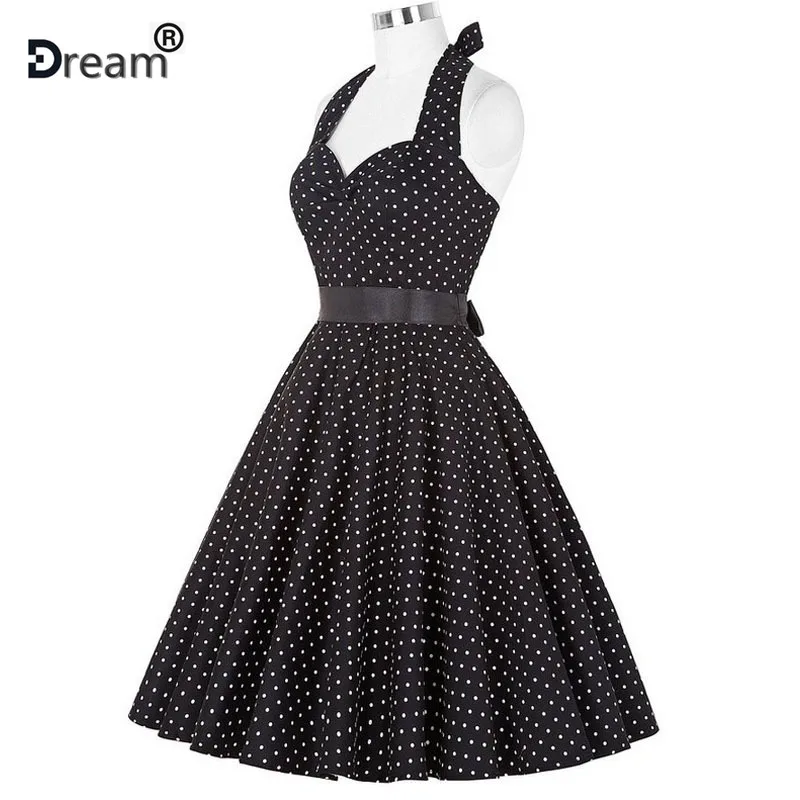 Женское винтажное платье в горошек черное белый горох с пышной юбкой качели