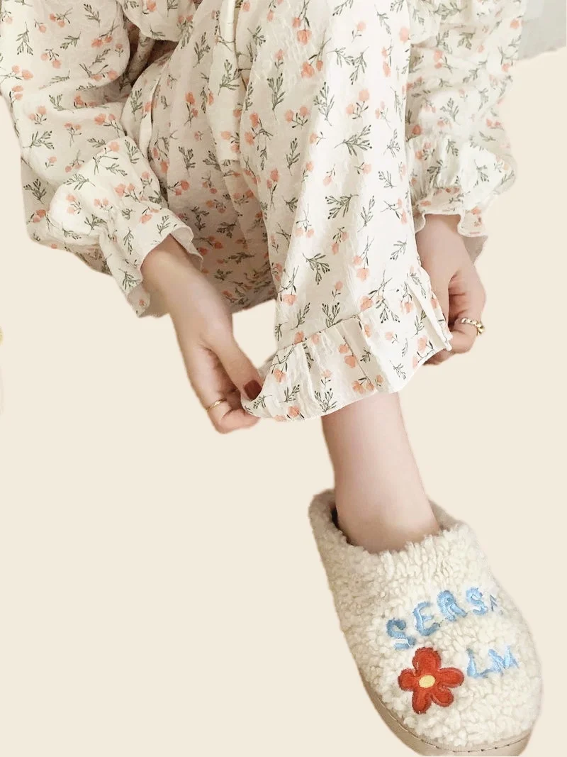 Cotton Pajamas Set Full Sleeve T-shirt Long Pants 2Piece/Set Sexy Print Flower Pyjama Big Size Mom Homewear Cozy Plus Sleepwear