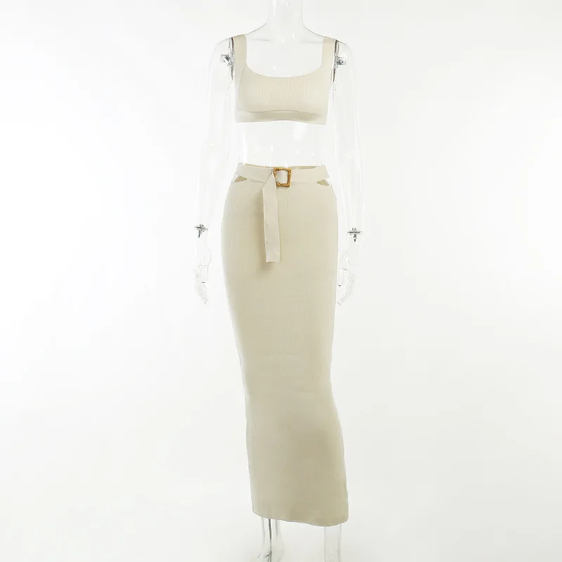Elegant Knit Rib 2 Piece Set Women Summer Sexy Tank Crop Top And Belt Hollow Out Long Skirts Skinny Club Party Outfits Suits 6 Elegant Knit Rib 2 Piece Set Women Summer Sexy Tank Crop Top And Belt Hollow Out Long Skirts Skinny Club Party Outfits Suits 6