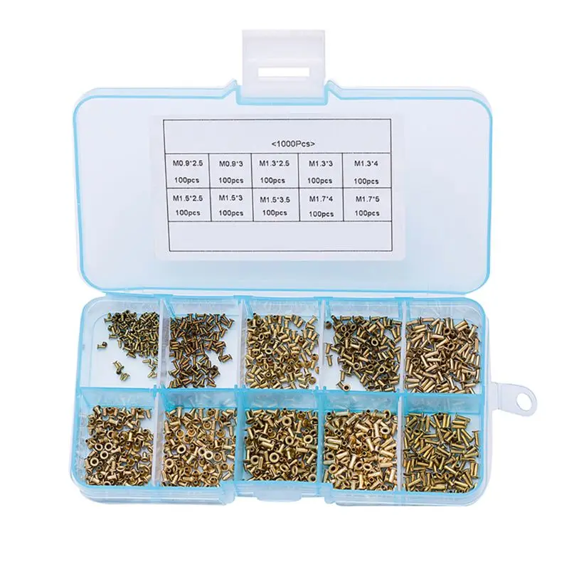 

1000 PCS Tubular Rivets M0.9 M1.3 M1.5 M1.7 Hollow Rivet Nuts Assortment Kit L21A