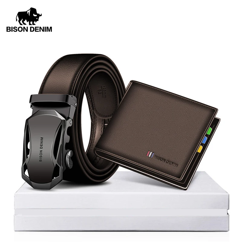 BISON DENIM Men Belt Wallet Gift Set Business Automatic Genuine Leather Belt Card Holder For Boyfriend Father Friends Gift Box
