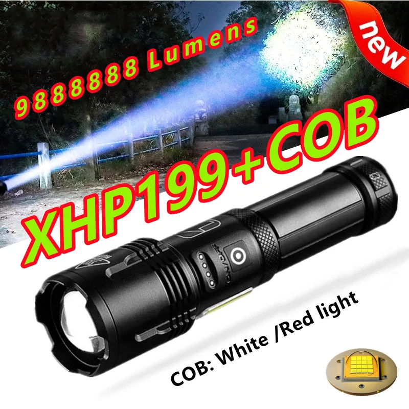 

2021 Upgrade XHP199+COB Most Powerful Led Flashlight 18650 Rechargeable Tactical Flashlight Usb Flash Light COB Work Led Torch
