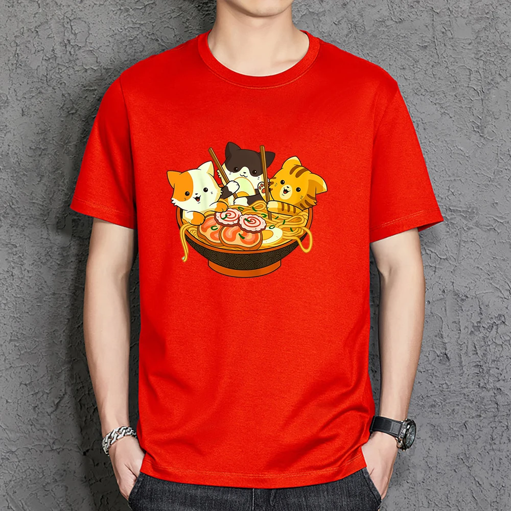 

Anime Cats Eating Japanese Ramen Noodles Mens T-Shirt Classic Cotton Tee Shirts Sport Street Tshirts Loose Quality Male Sclothes