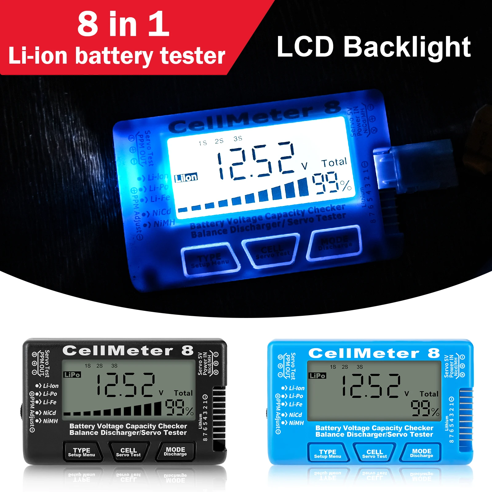 

CellMeter-8 LCD Digital Battery Capacity Checker RC 1-8S battery capacity voltage test meter LiPo li-lon NiMH meter
