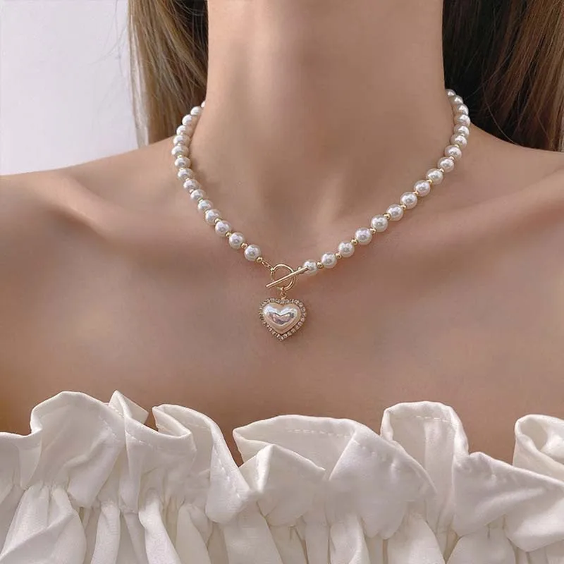 

2022 New Crystal Heart Pendant Pearl Necklace Korean Style OT Buckle Choker Necklace Elegant Clavicle Chain Necklaces Jewelry