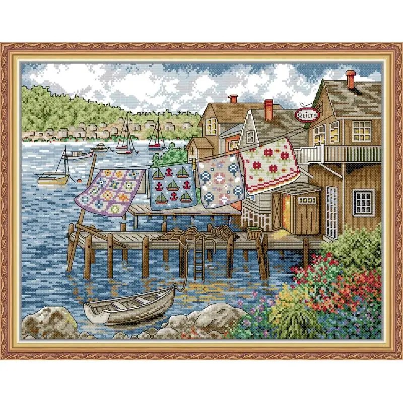 

Seaside Living Scenery Pattern Cross Stitch Kit Aida 14CT 11CT Count Canvas Printed Fabric DIY Hand Embroidery Home Decor Gifts
