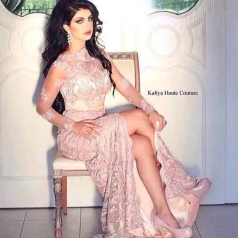 

Hot Sale Lace Long Sleeves Arabic Evening Dresses 2015 Sexy Mermaid High Neck Long Sleeve Side Slit Dubai Arabic Prom Dresses