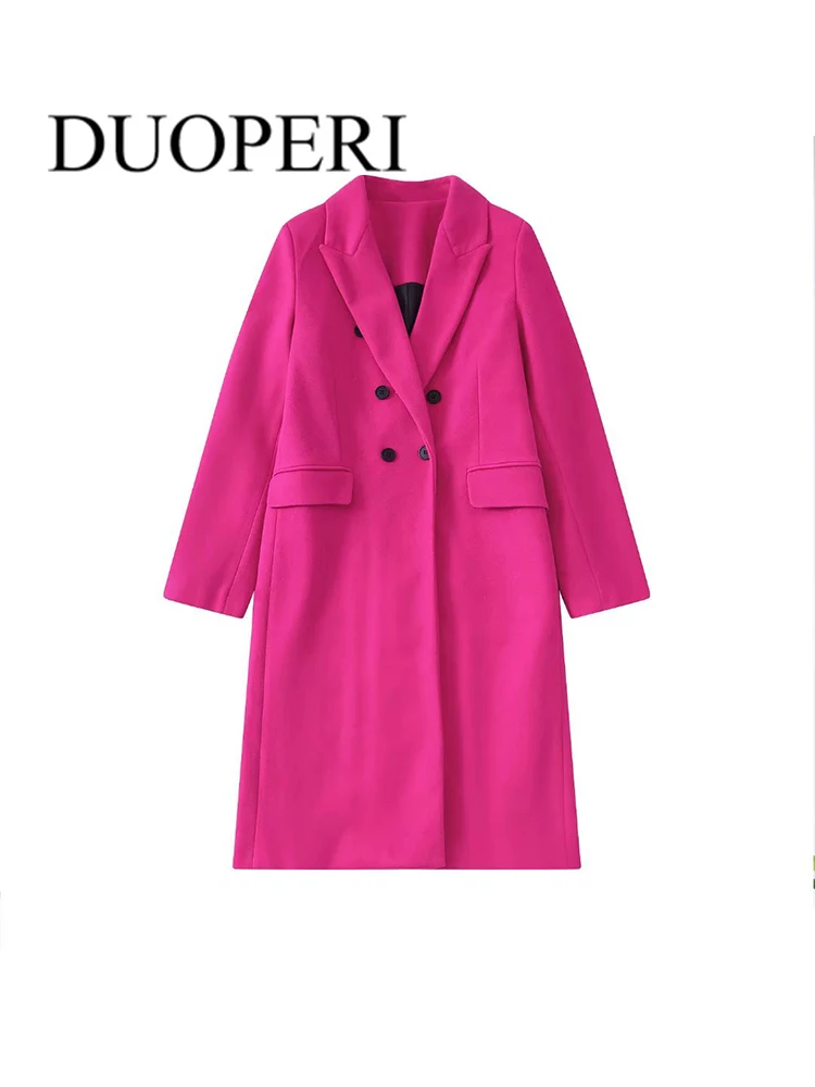 

DUOPERI Women Fashion Soild V-long Wool Blends Vintage Double Breasted Long Sleeve Chic Coats Mujer Outfits