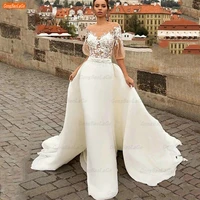 sexy mermaid wedding dresses women 2022 vestido de novia tulle appliqued puff sleeves bride gown detachable train robe de mari%c3%a9e