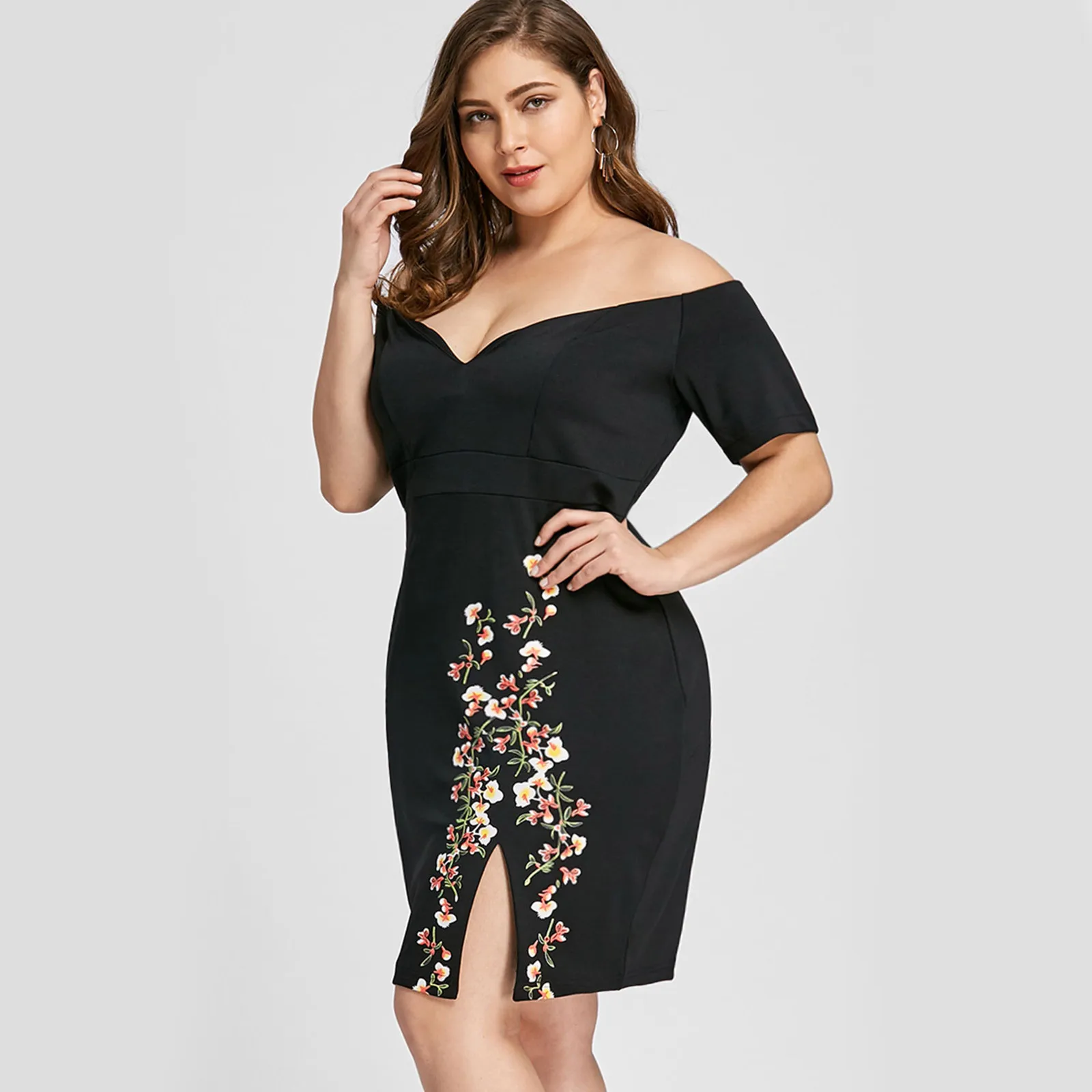 

Women Plus Size Short Sleeve Sexy Off Shoulder V-Neck Midi Pencil Dress Side Split Floral Print Knee Length Party Gown